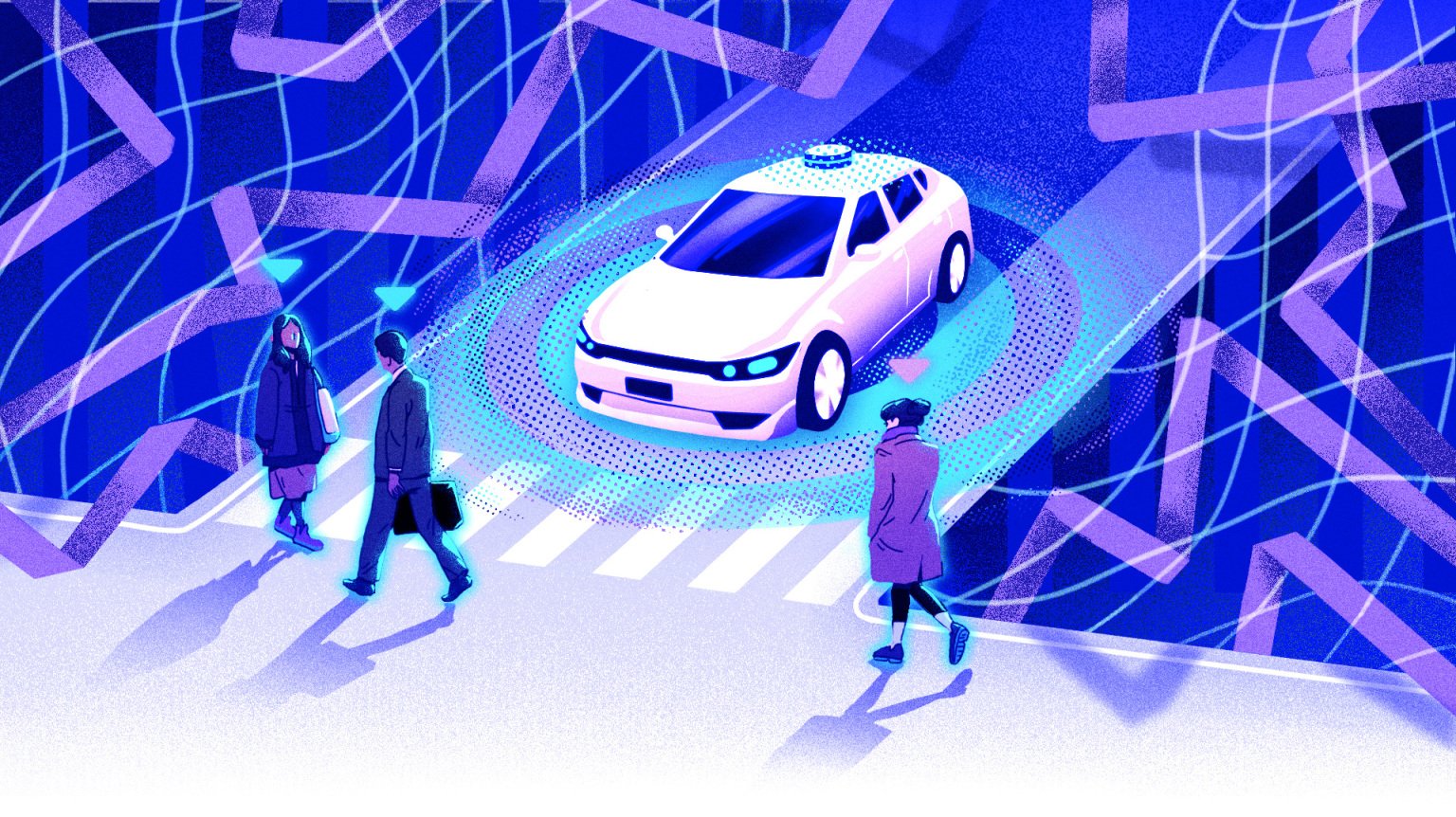 Illustration of an autonomous vehicle at an intersection. 