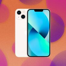 Two iPhone 13s appear on a purple and orange background with abstract bubbles.