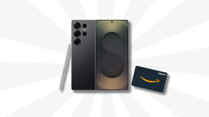 A Samsung Galaxy S25 Ultra in black, shown from the back with the S Pen and alongside an Amazon gift card against a radial white and gray background.